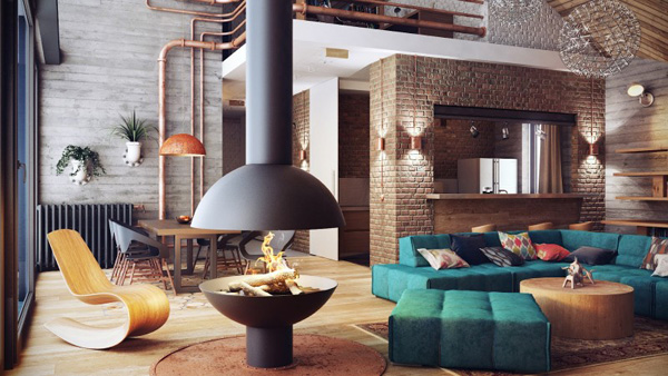residential project by Uglyanitsa Alexander, using rusty pipes as odd elements of décor.